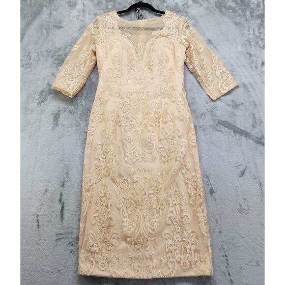 Formal Dress Jacket Set Size 8 Champagne Gold Beaded Lace Chiffon Sheath Party - Picture 4 of 14